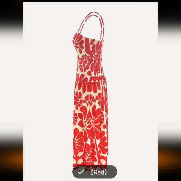 Red And White Designed Dropped Waist Maxi Dresd - Picture 4 of 11